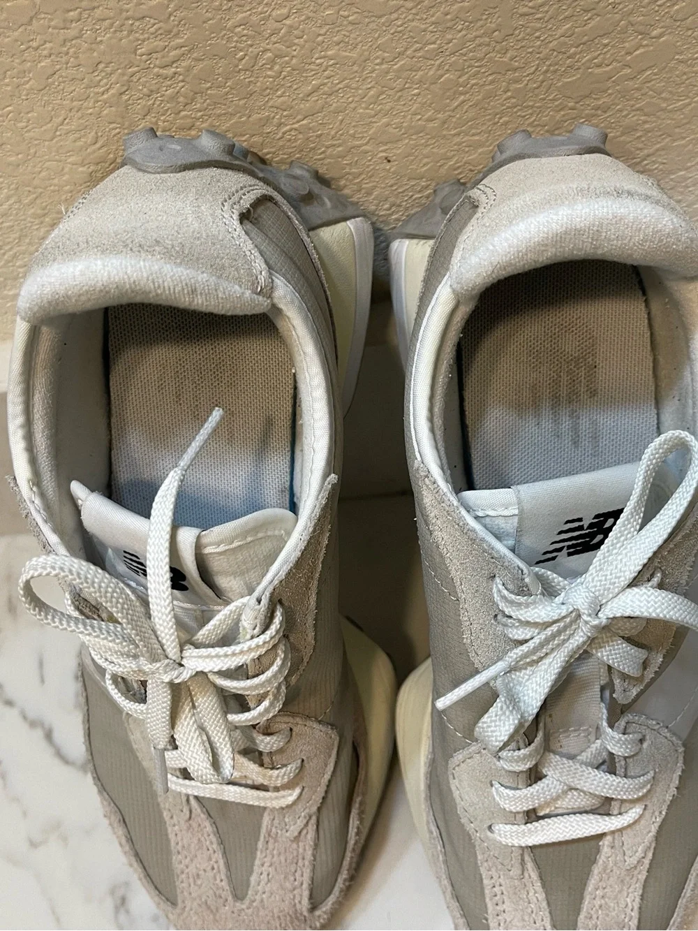 New Balance Beige and White Runner Sneakers